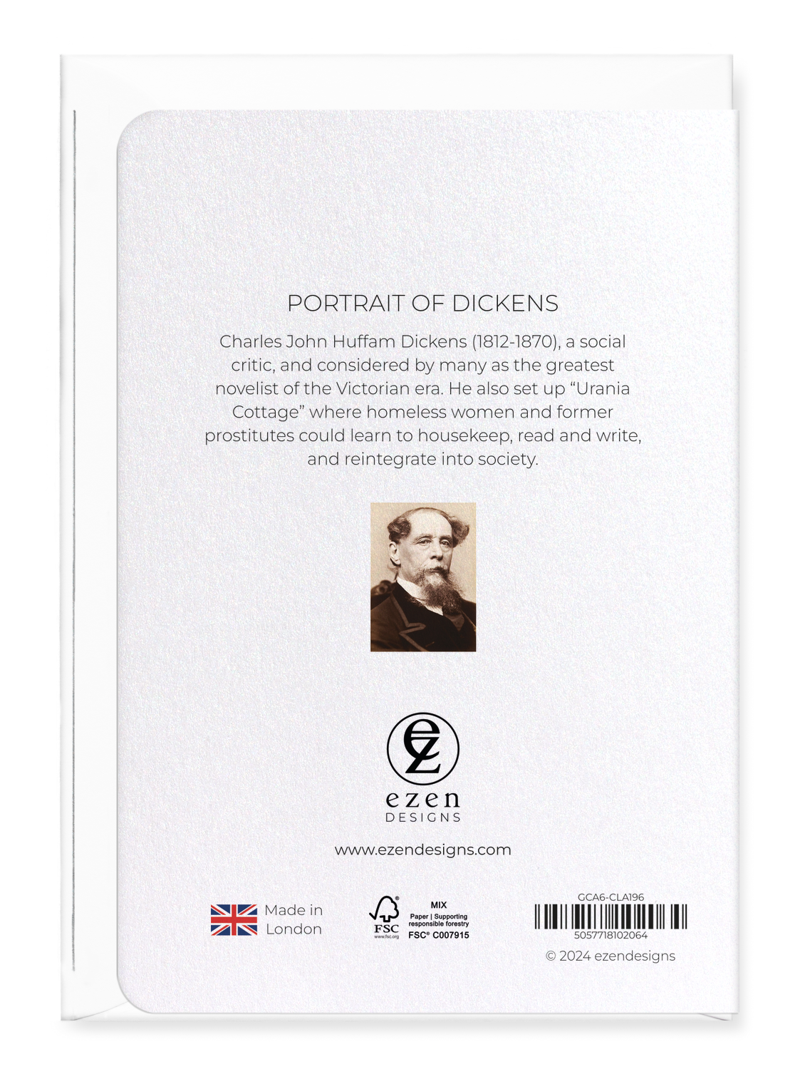 Ezen Designs - Portrait of dickens - Greeting Card - Back