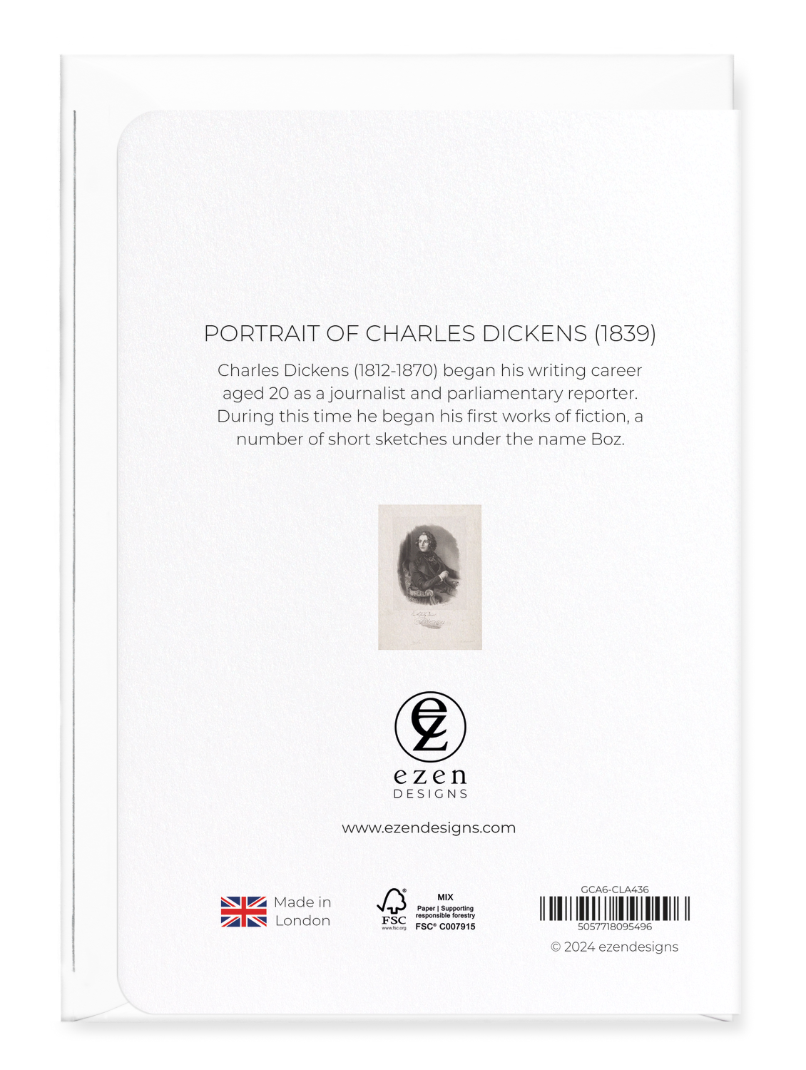 Ezen Designs - Portrait of Charles Dickens (1839) - Greeting Card - Back