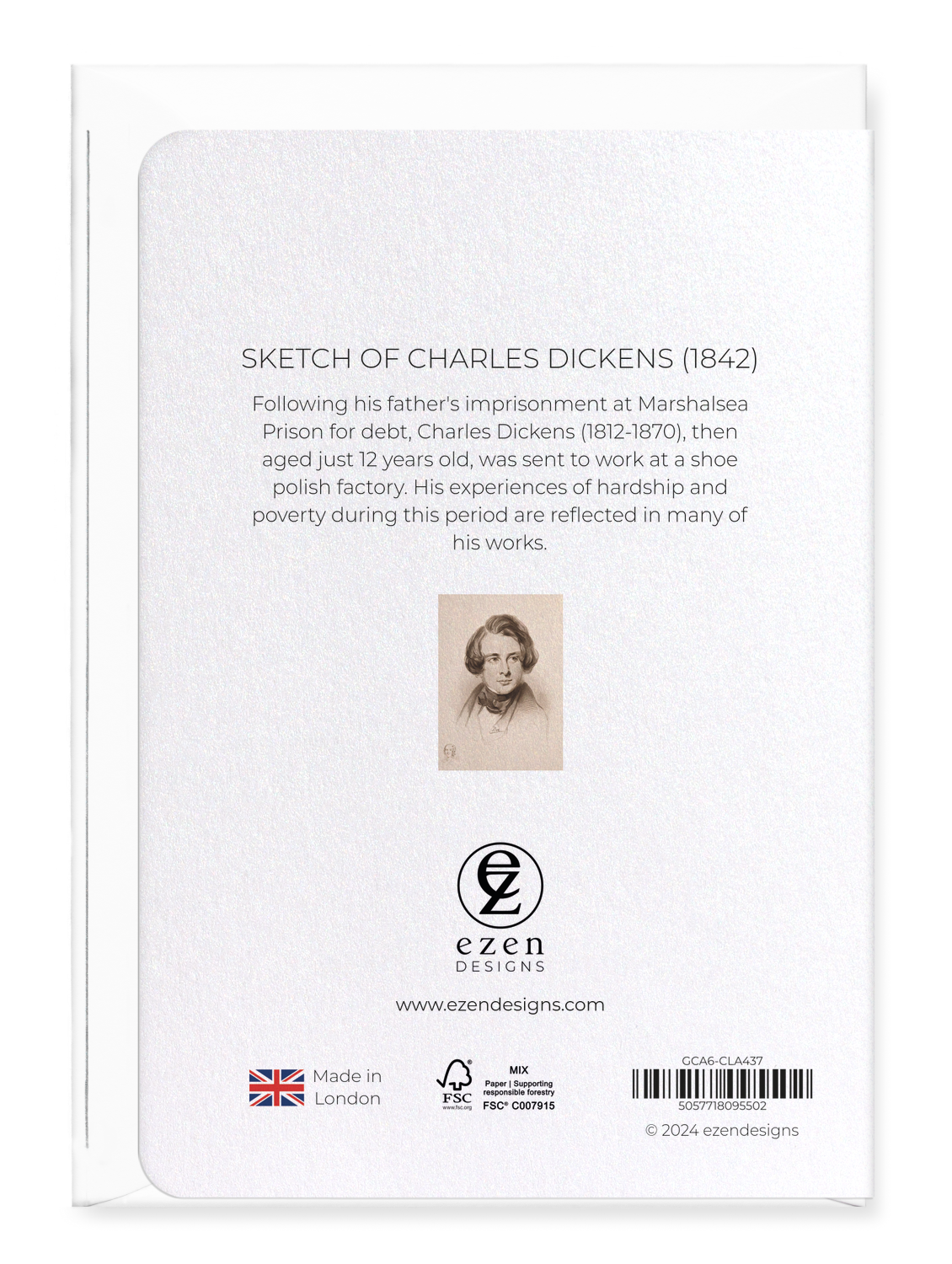 Ezen Designs - Sketch of Charles Dickens (1842) - Greeting Card - Back