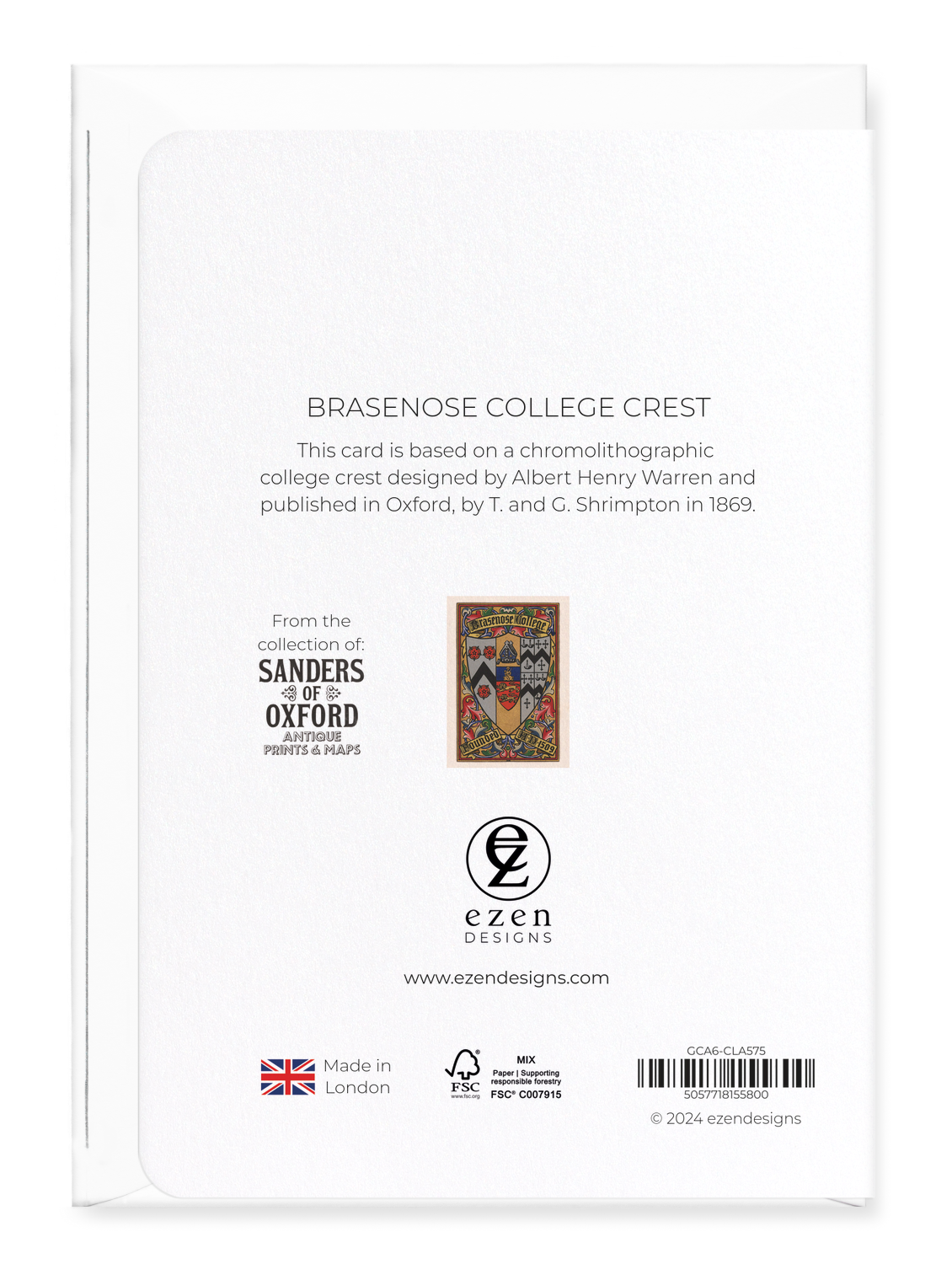 Ezen Designs - Brasenose College Crest - Greeting Card - Back