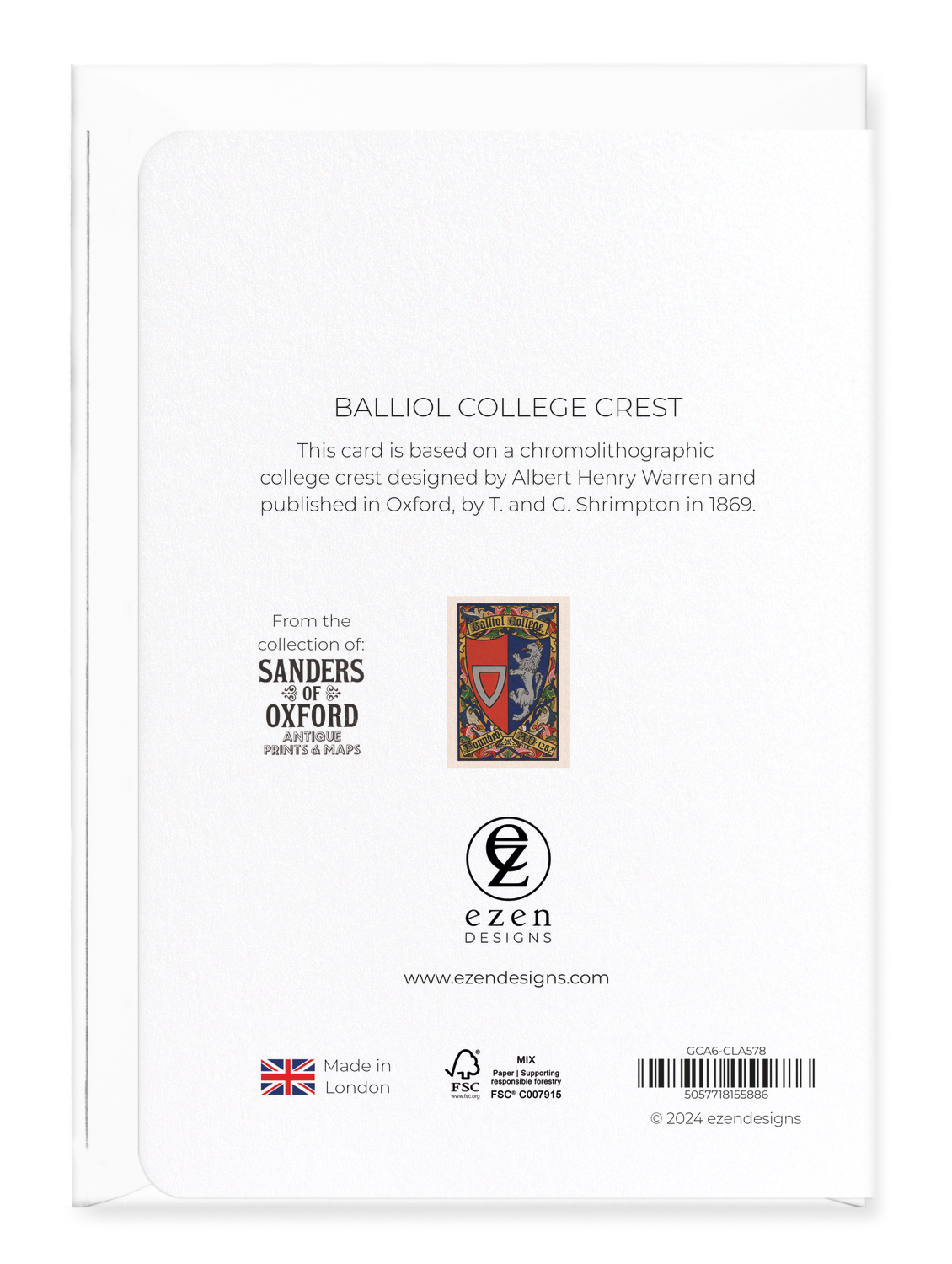 Ezen Designs - Balliol College Crest - Greeting Card - Back