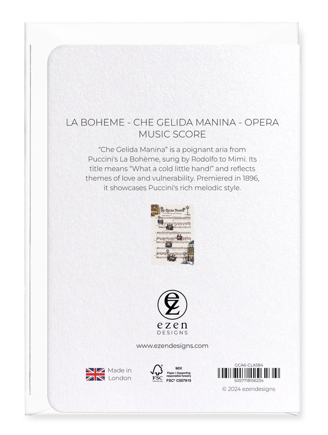 Ezen Designs - La Boheme - Che gelida manina - Opera Music Score - Greeting Card - Back