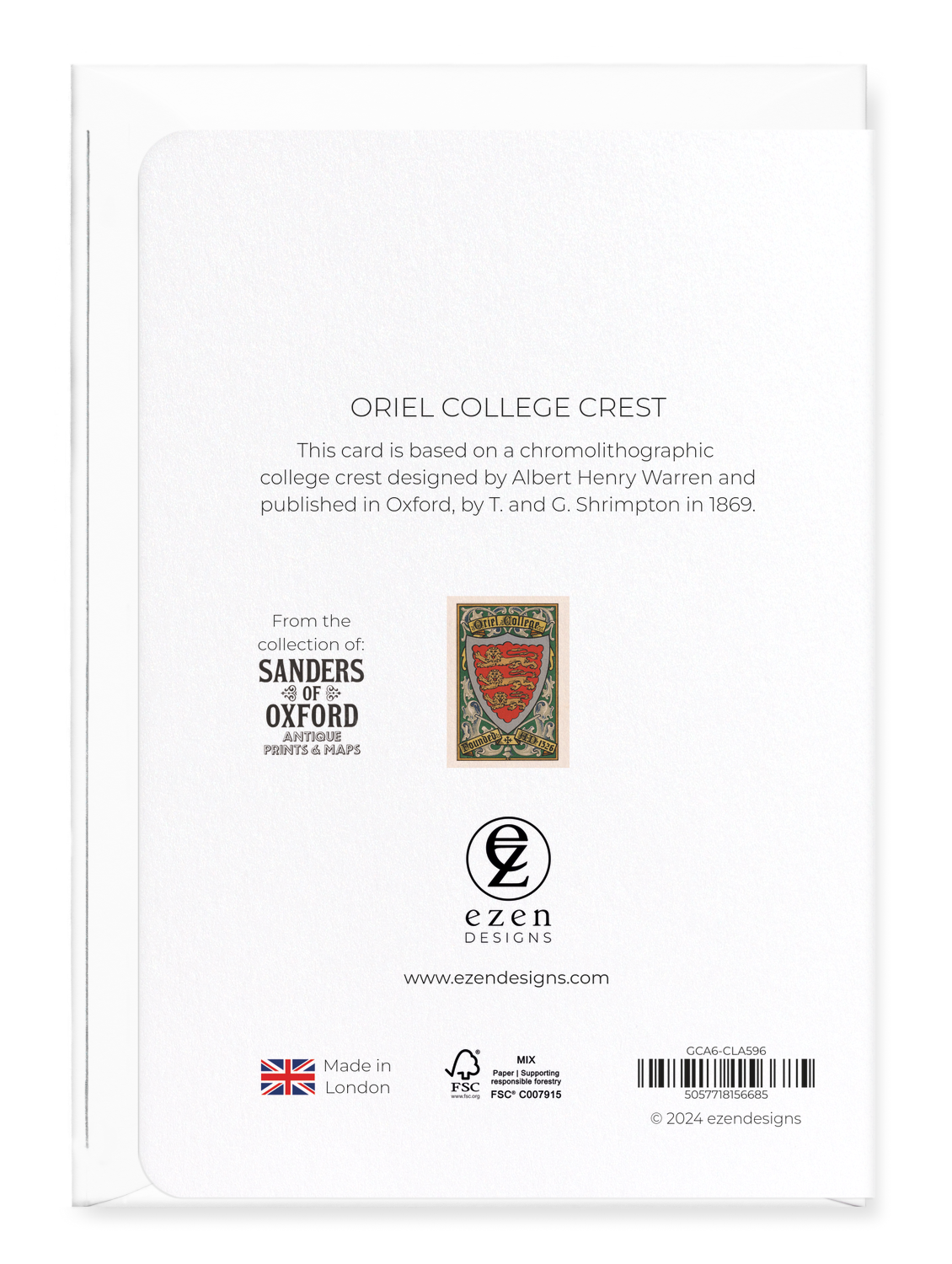 Ezen Designs - Oriel College Crest - Greeting Card - Back