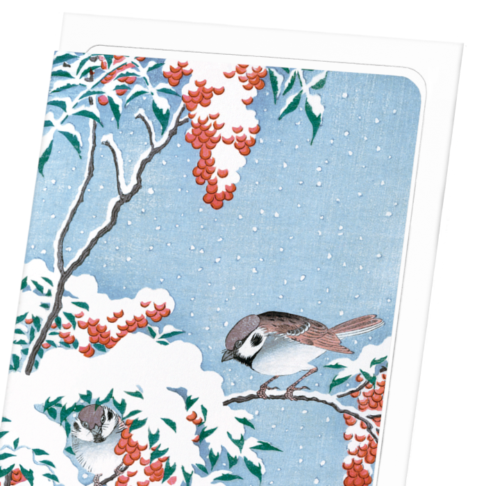 SPARROWS ON NANDINA: Japanese Greeting Card