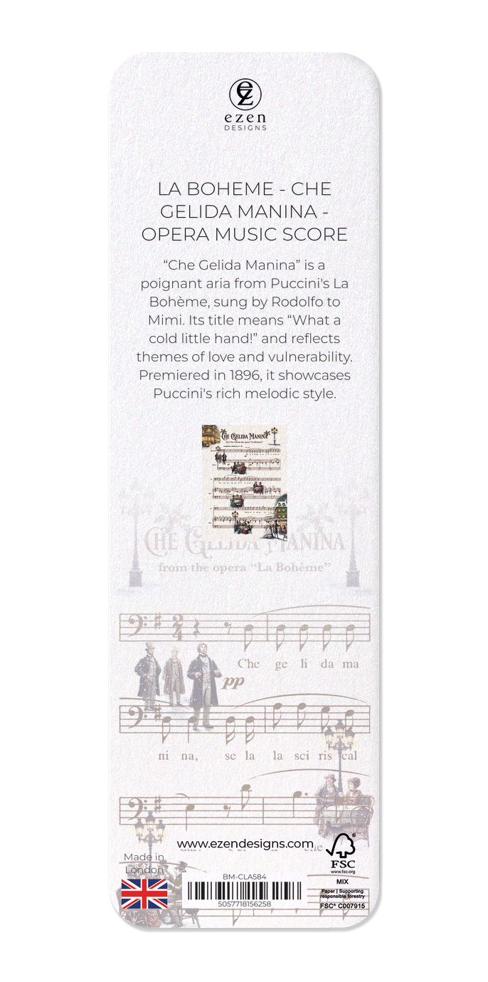 Ezen Designs - La Boheme - Che gelida manina - Opera Music Score - Bookmark - Back