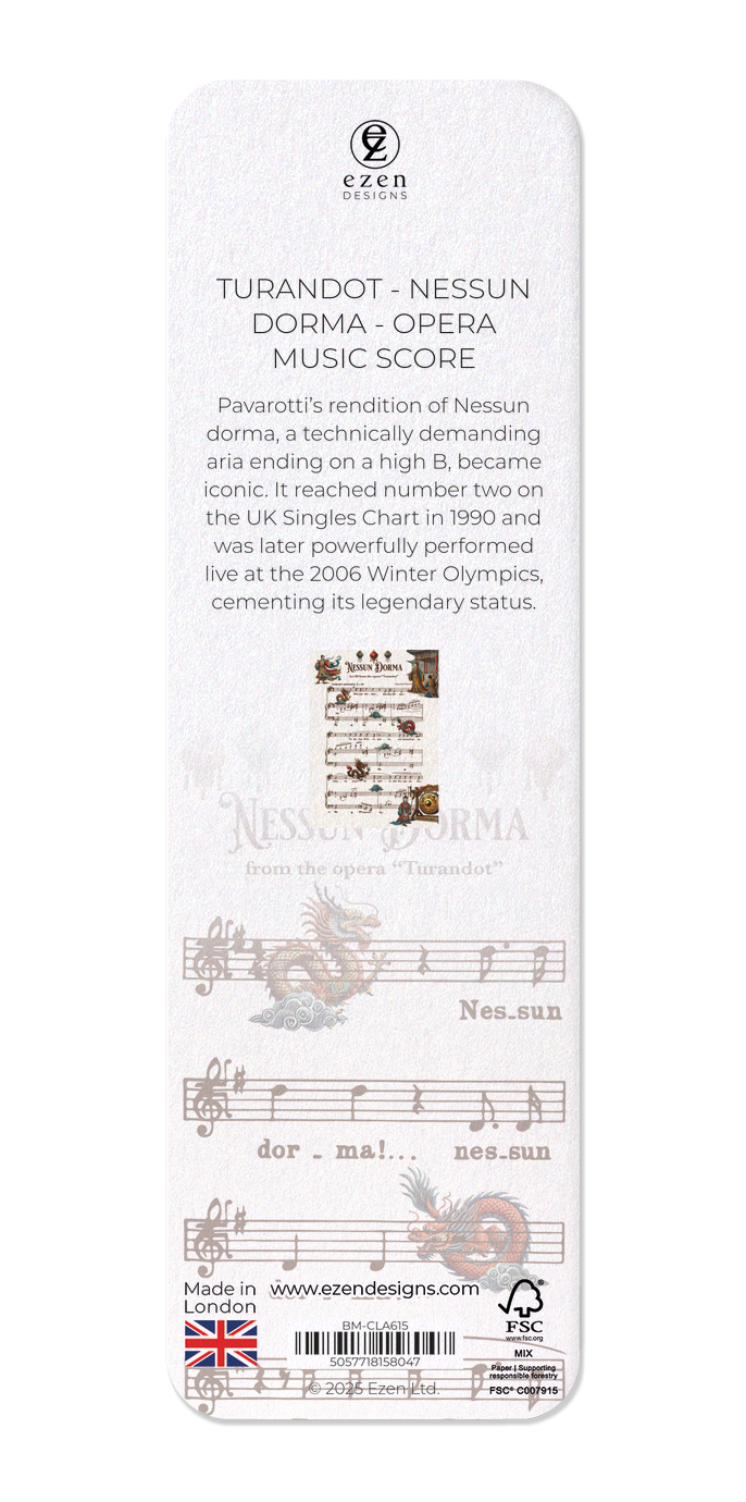 Ezen Designs - TURANDOT - NESSUN DORMA - OPERA MUSIC SCORE - Bookmark - Back