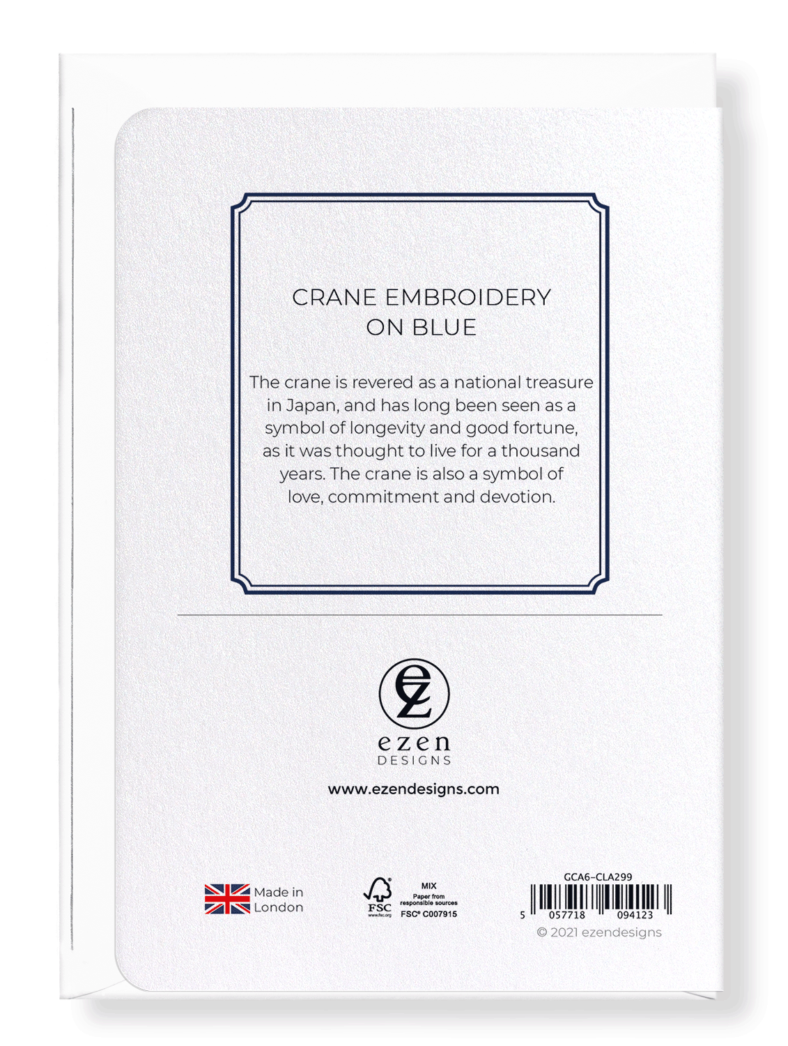 Ezen Designs - Crane embroidery on blue  - Greeting Card - Back