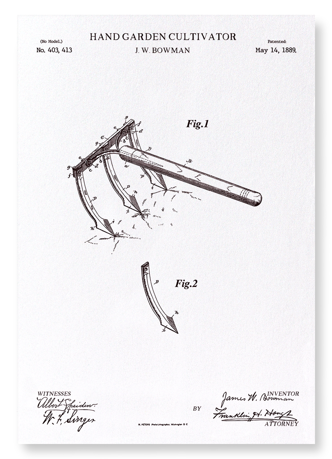 PATENT OF HAND GARDEN CULTIVATOR (1889): Patent Art Print